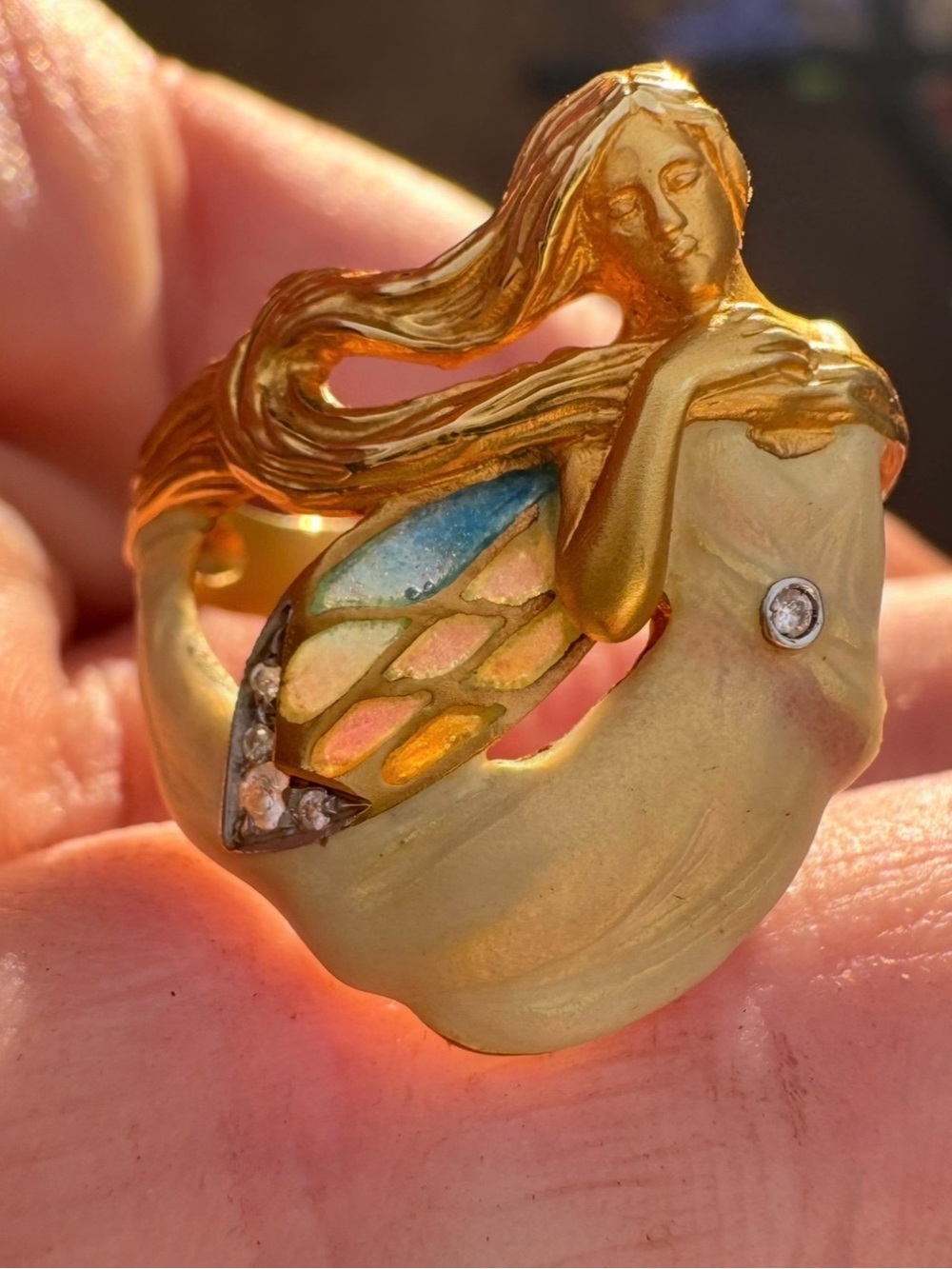 MASRIERA 18K Gold Diamond Plique-a-Jour Enamel Art Nouveau Nymph Ring$8344 HEAVY